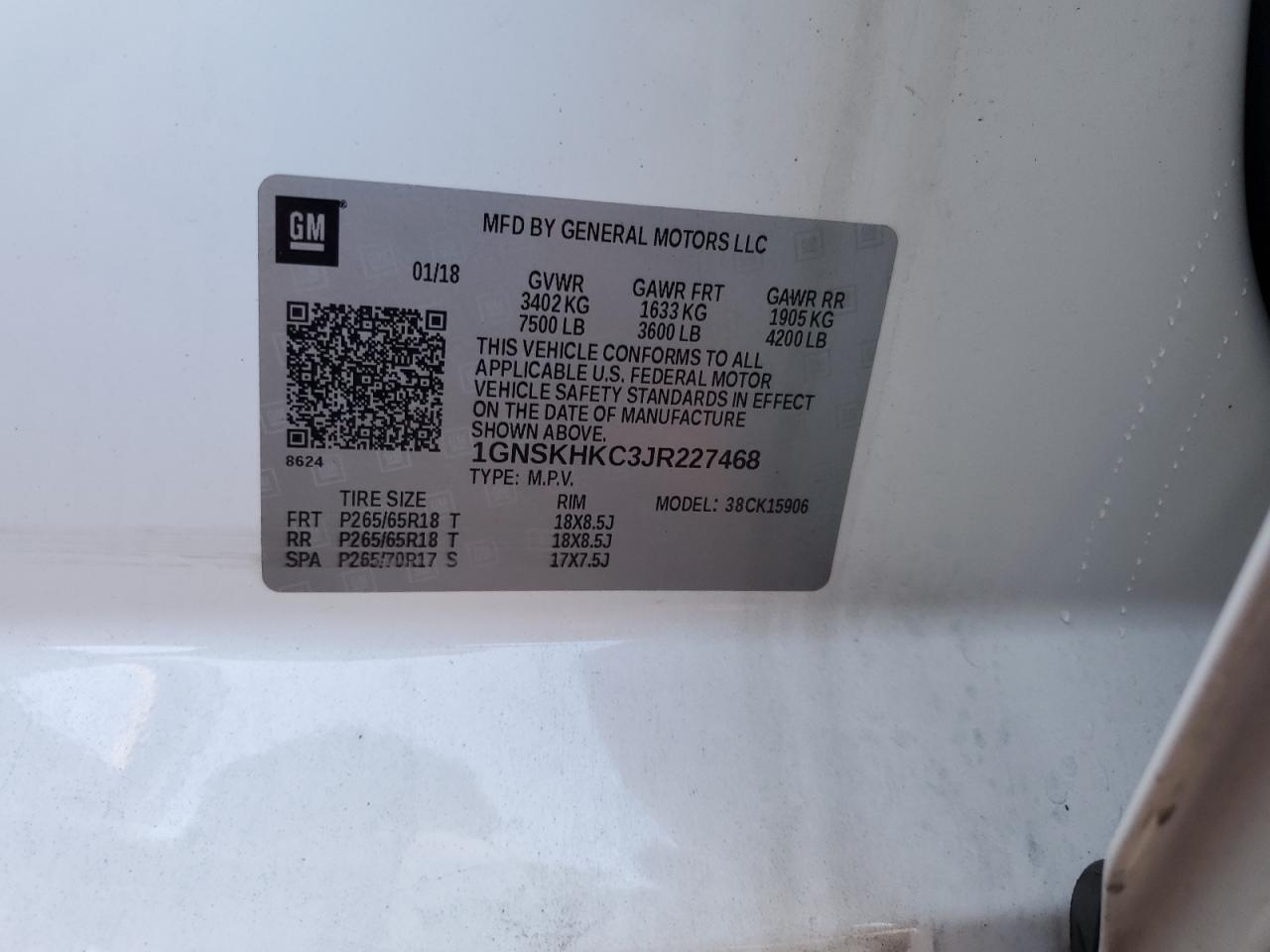 2018 Chevrolet Suburban K1500 Lt VIN: 1GNSKHKC3JR227468 Lot: 67530105