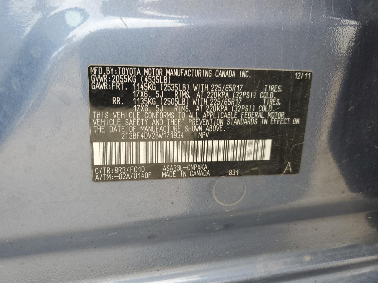 2011 Toyota Rav4 VIN: 2T3BF4DV2BW171934 Lot: 69764035