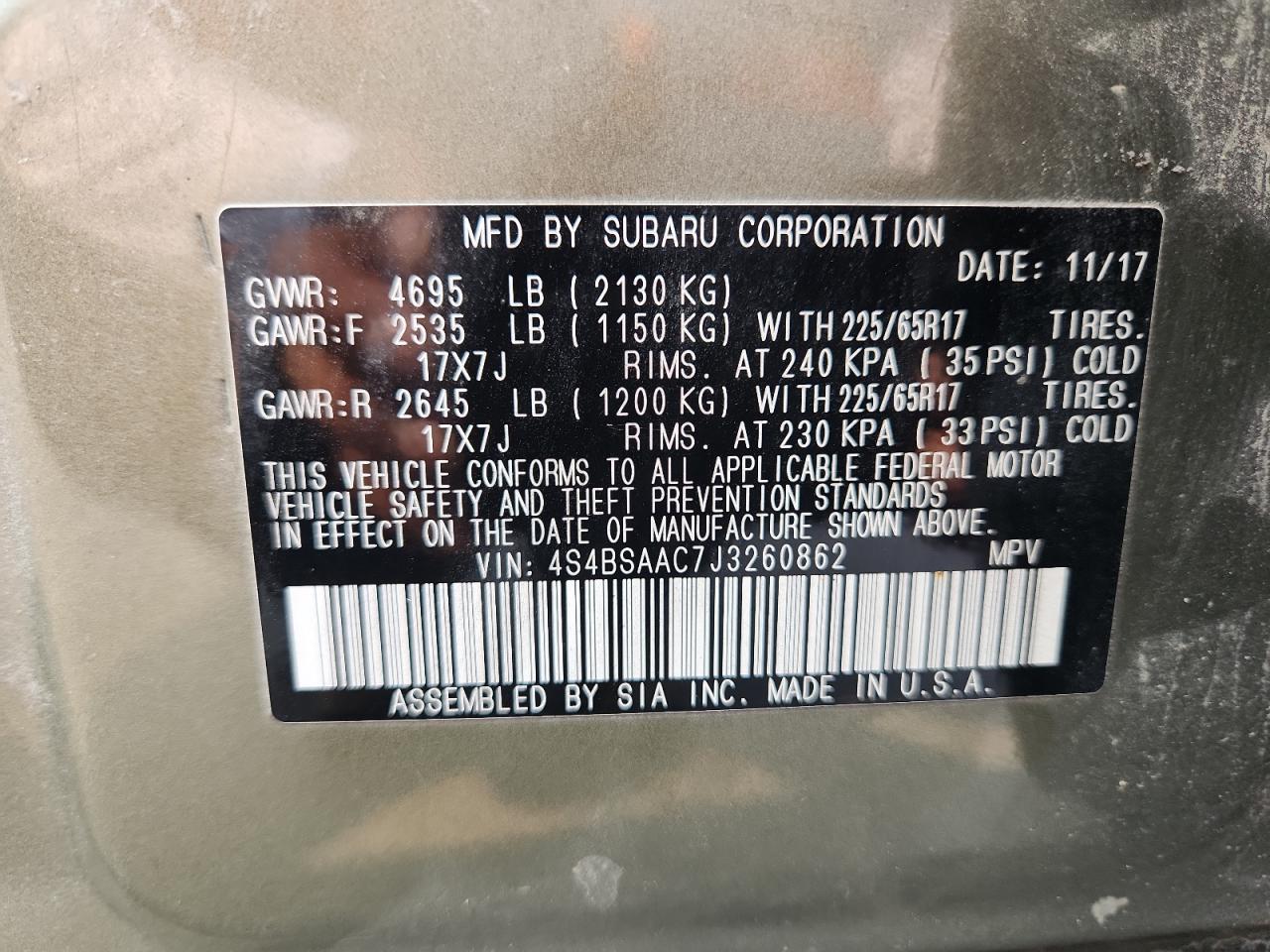 2018 Subaru Outback 2.5I VIN: 4S4BSAAC7J3260862 Lot: 85270865