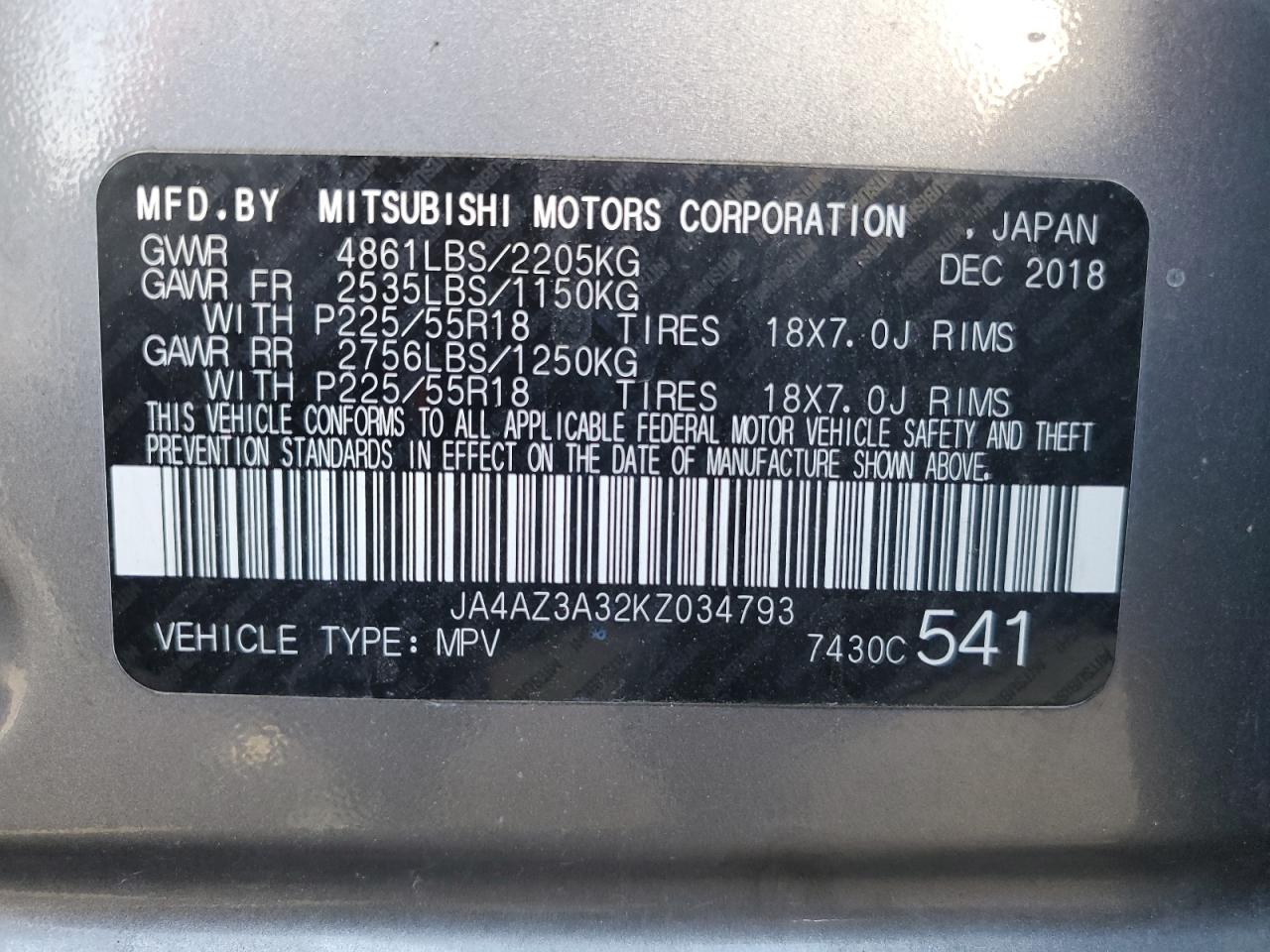 2019 Mitsubishi Outlander Se VIN: JA4AZ3A32KZ034793 Lot: 68958585