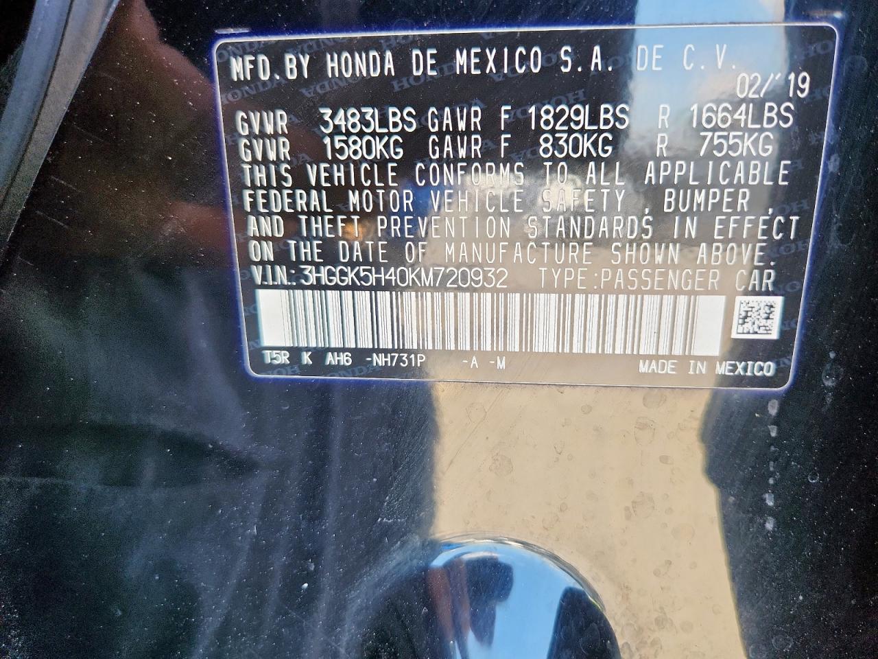 2019 Honda Fit Lx VIN: 3HGGK5H46KM731885 Lot: 69085675