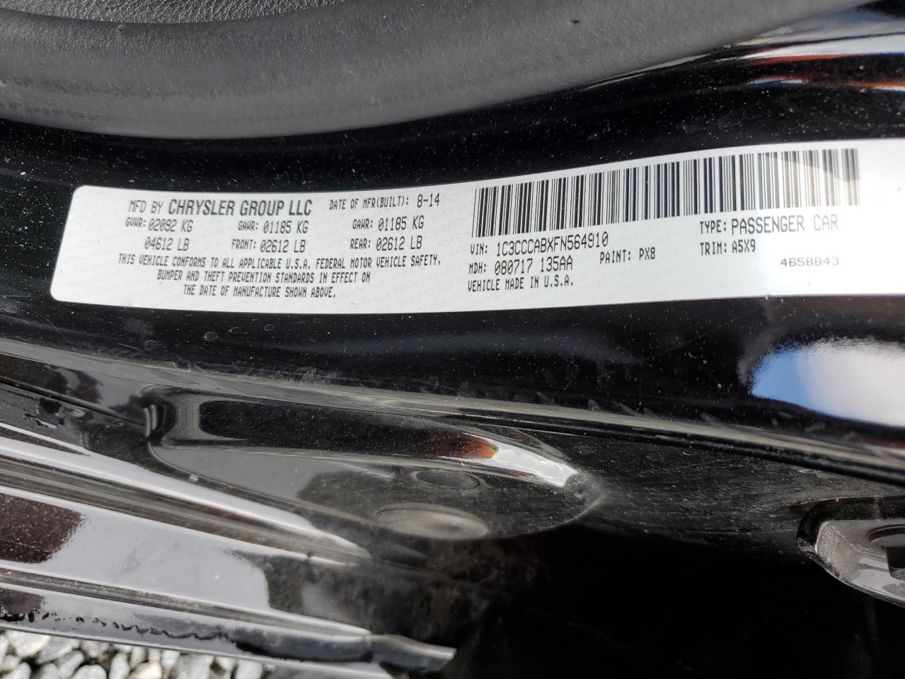 2015 Chrysler 200 Limited VIN: 1C3CCCABXFN564910 Lot: 69801225