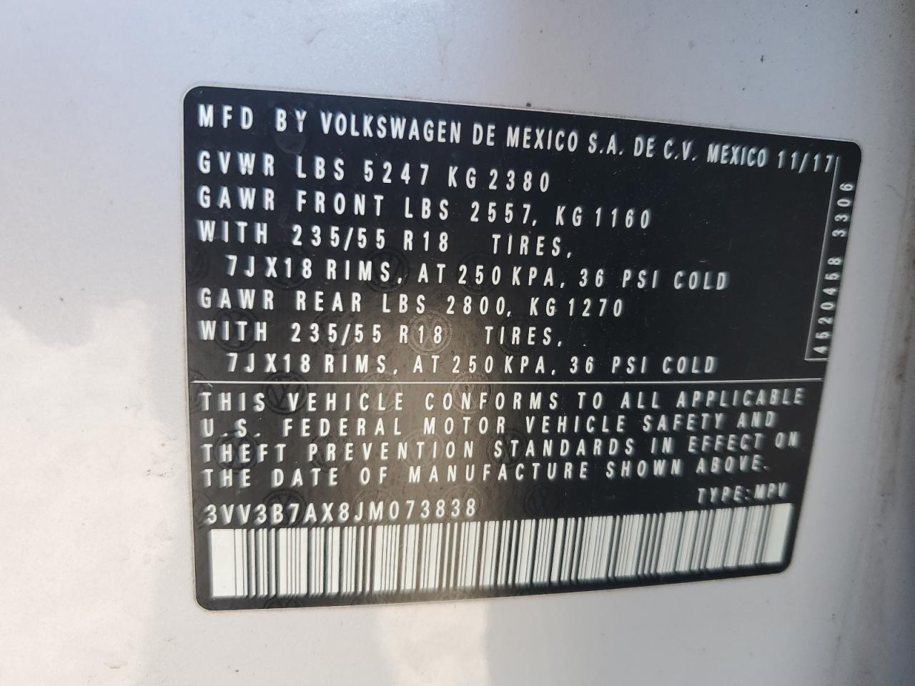 2018 Volkswagen Tiguan Se VIN: 3VV3B7AX8JM073838 Lot: 70138255