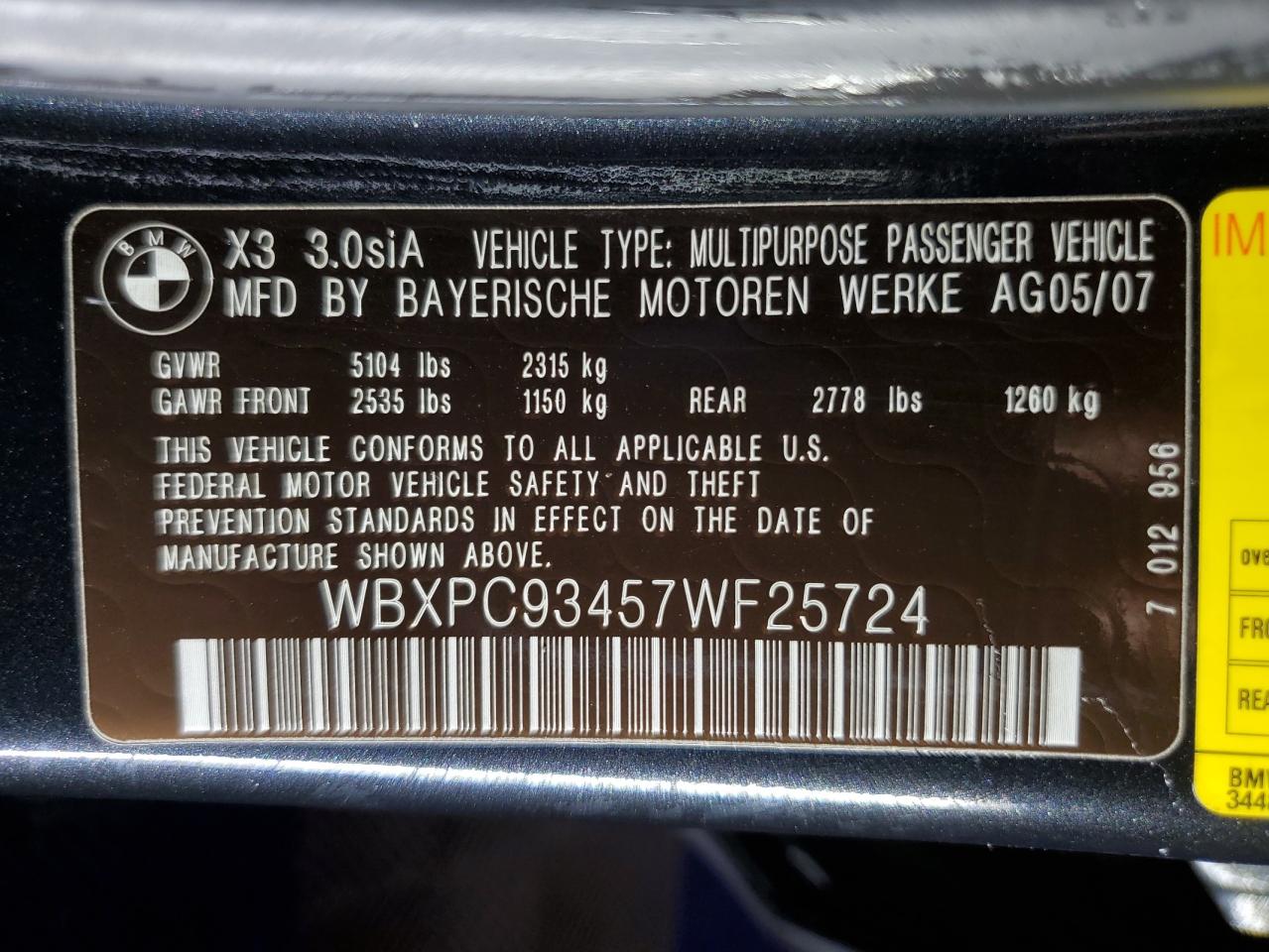 2007 BMW X3 3.0Si VIN: WBXPC93457WF25724 Lot: 68890045