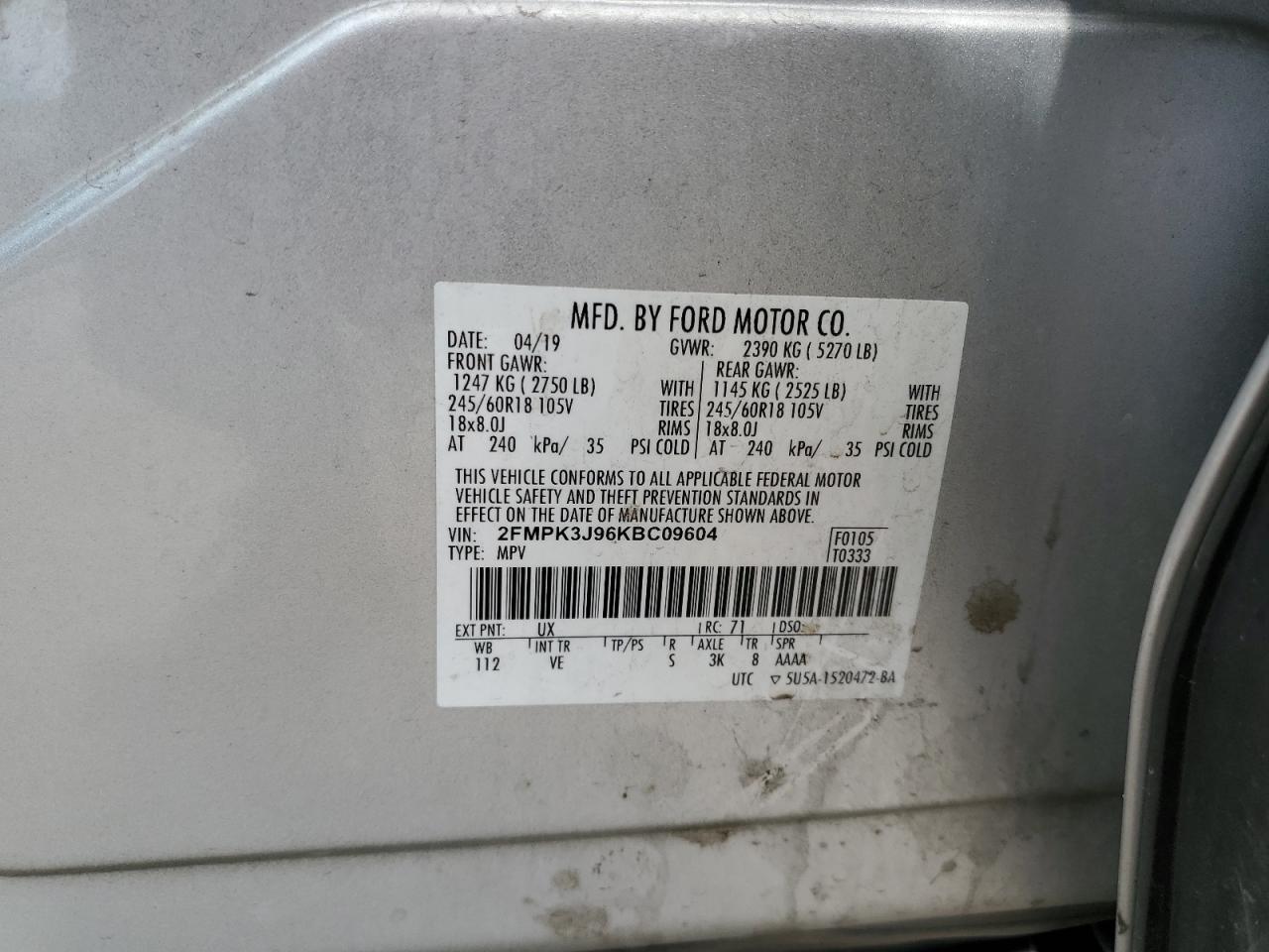 2019 Ford Edge Sel VIN: 2FMPK3J96KBC09604 Lot: 68464885