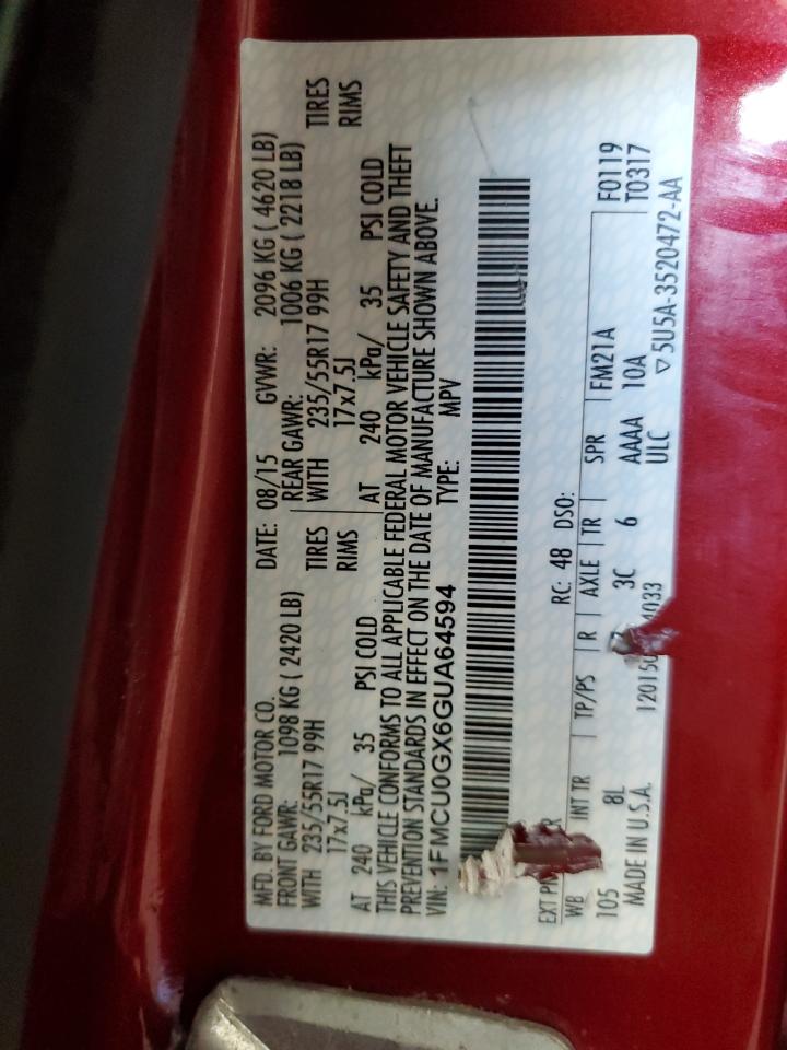 2016 Ford Escape Se VIN: 1FMCU0GX6GUA64594 Lot: 70035995