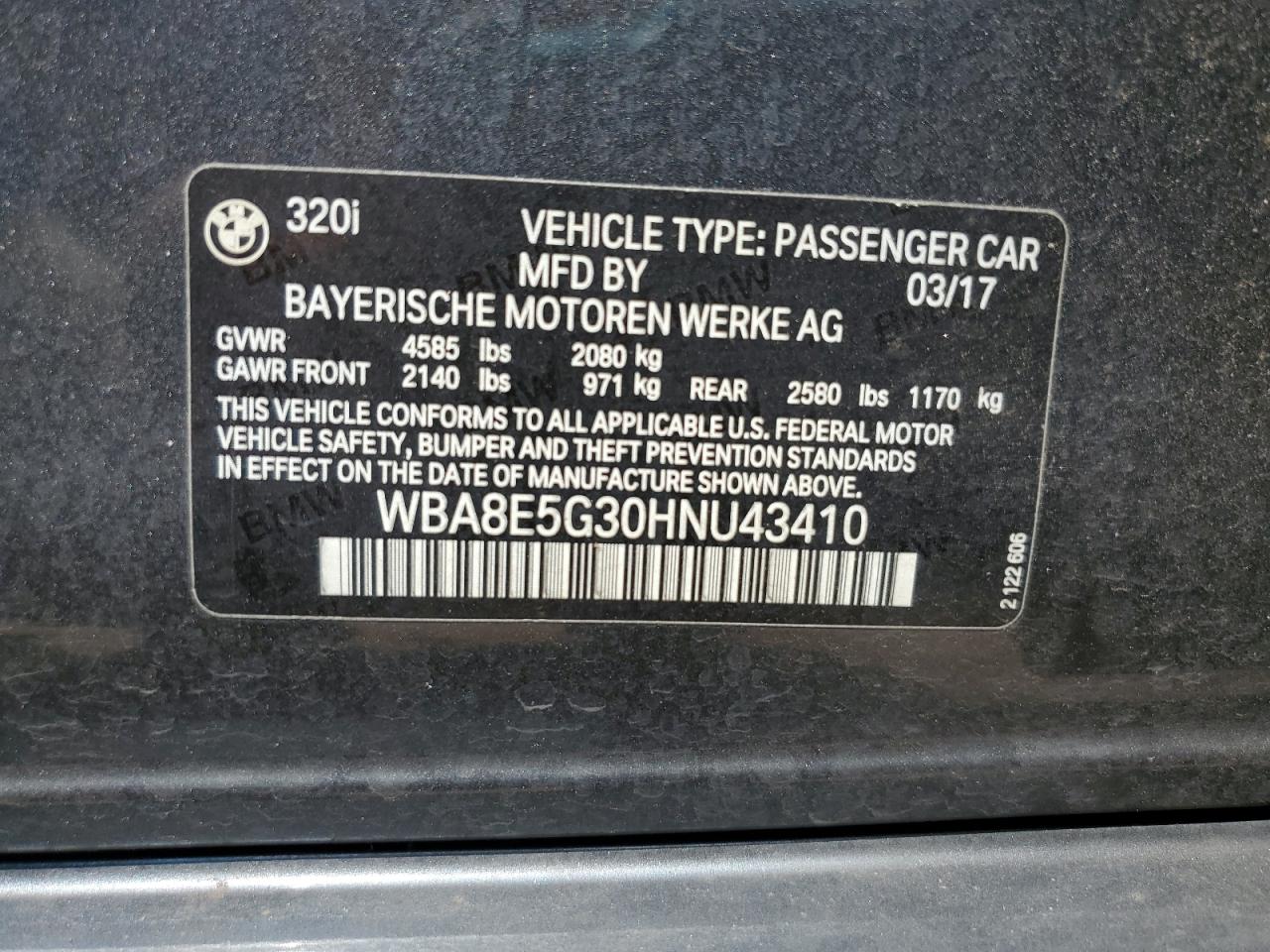 2017 BMW 320 Xi VIN: WBA8E5G30HNU43410 Lot: 70515055