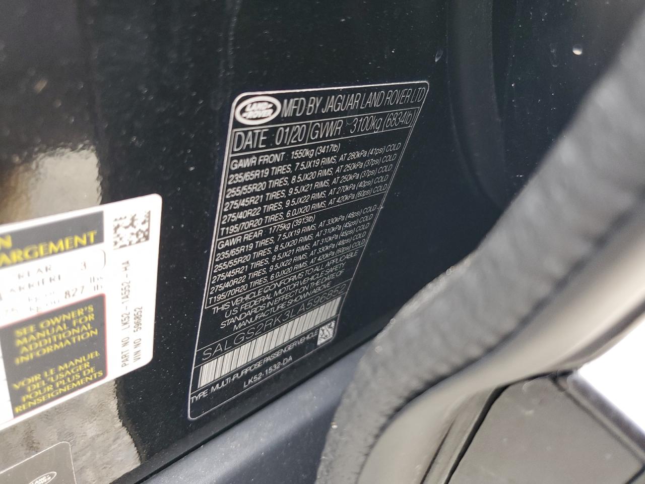 SALGS2RK3LA596852 2020 Land Rover Range Rover Hse