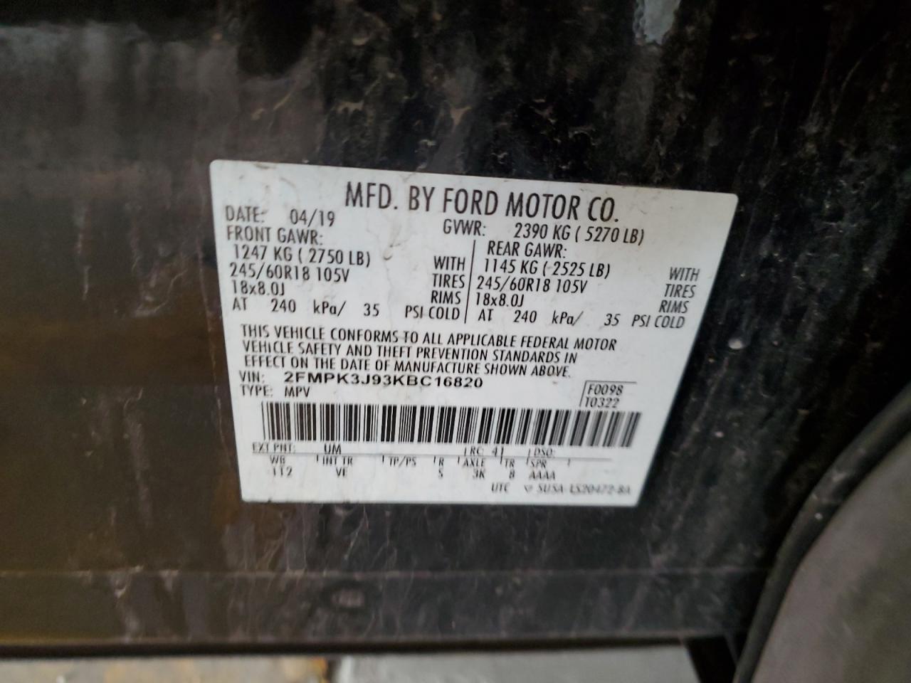 2019 Ford Edge Sel VIN: 2FMPK3J93KBC16820 Lot: 69208145