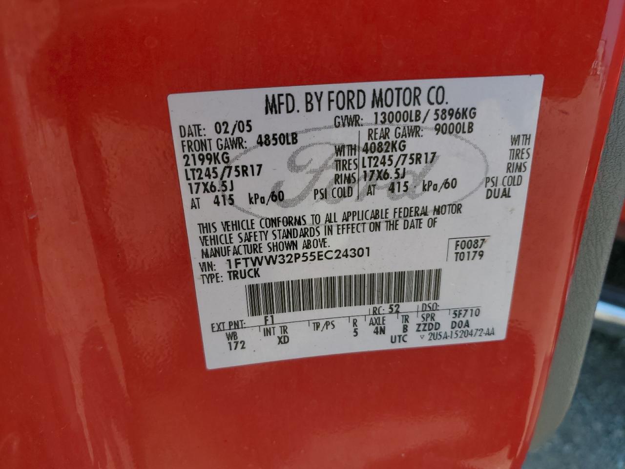 2005 Ford F350 Super Duty VIN: 1FTWW32P55EC24301 Lot: 68966645