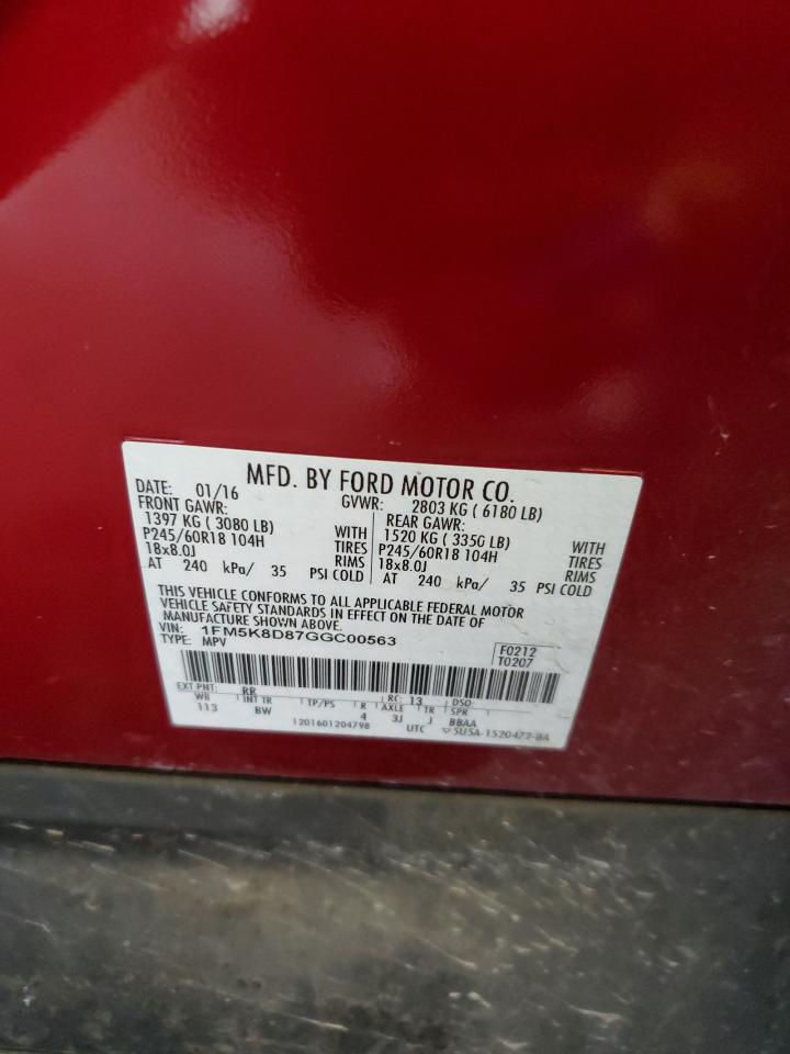 2016 Ford Explorer Xlt VIN: 1FM5K8D87GGC00563 Lot: 67512655