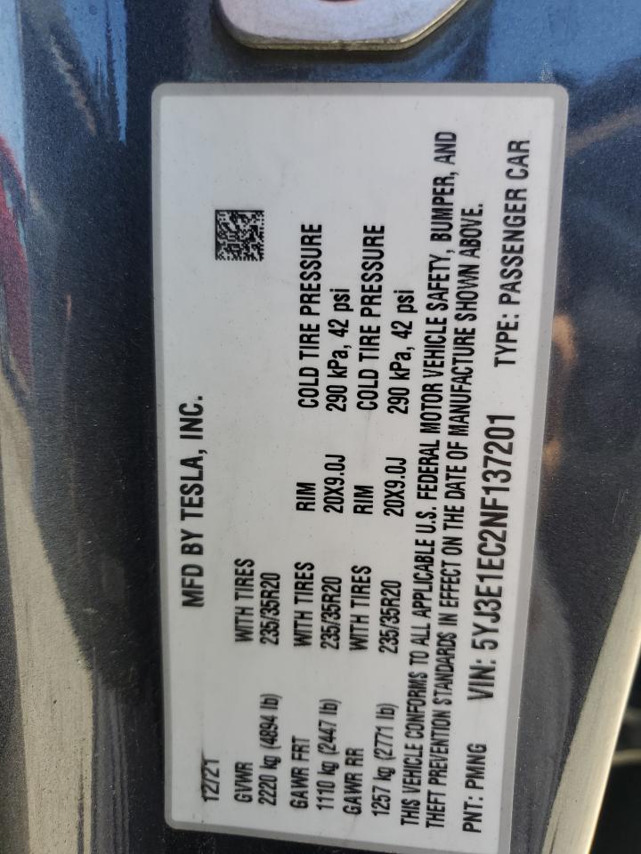 2022 Tesla Model 3 VIN: 5YJ3E1EC2NF137201 Lot: 68845635