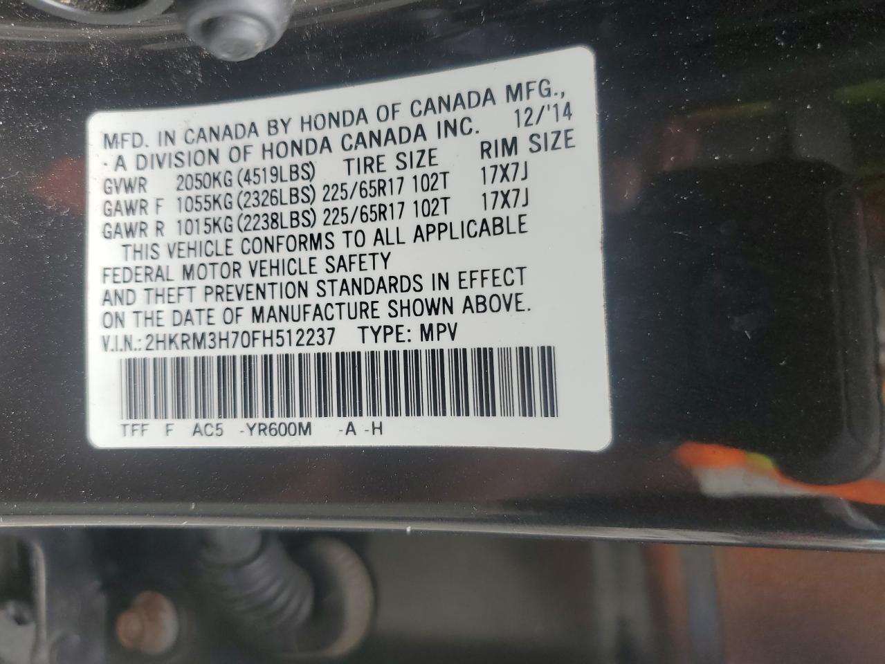 2HKRM3H70FH512237 2015 Honda Cr-V Exl