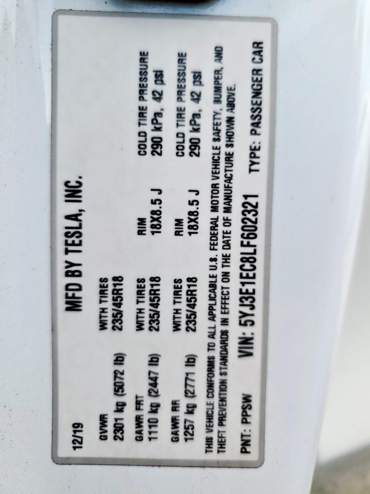 2020 Tesla Model 3 VIN: 5YJ3E1EC8LF602321 Lot: 69309555