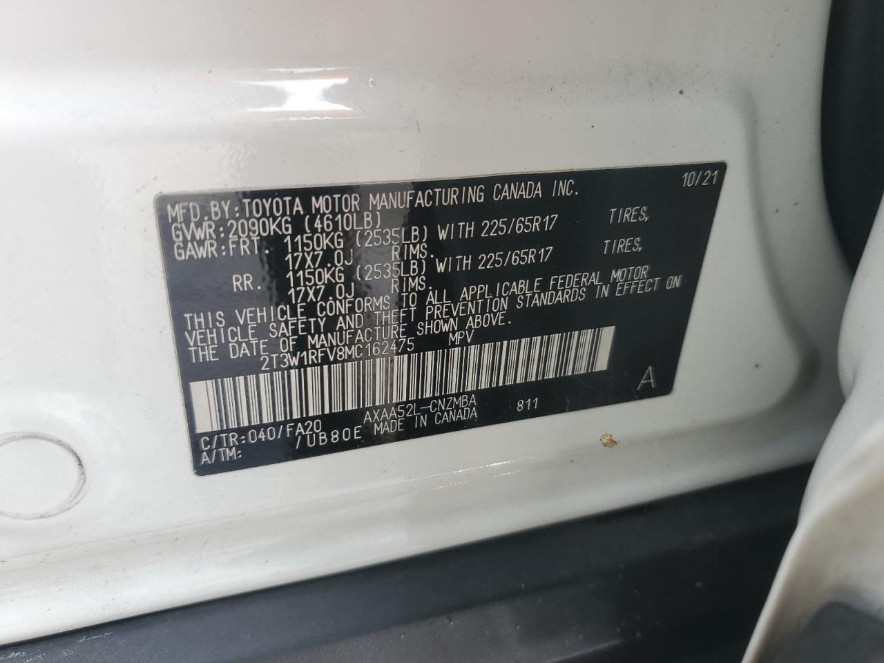 2021 Toyota Rav4 Xle VIN: 2T3W1RFV8MC162475 Lot: 68368735