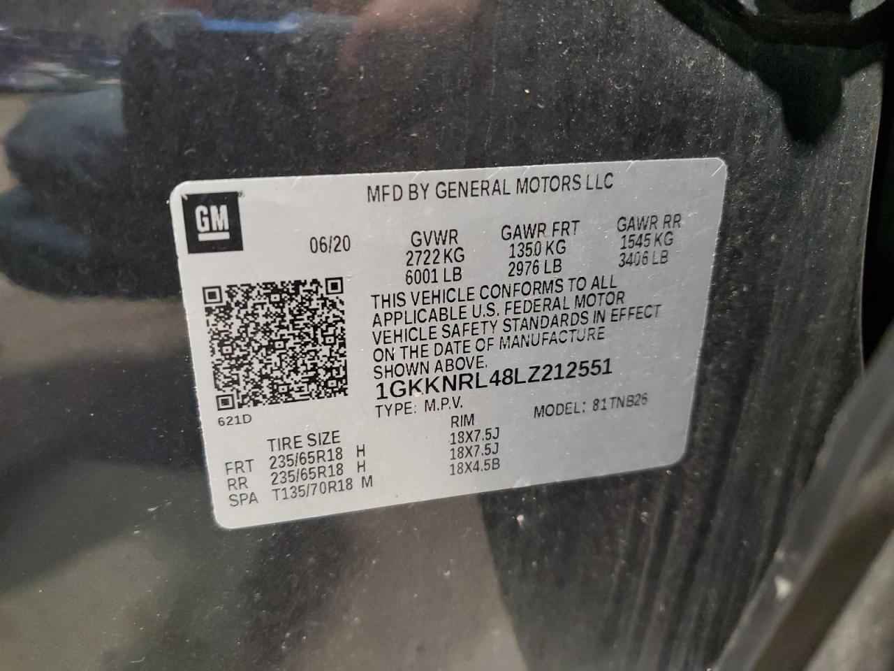 2020 GMC Acadia Sle VIN: 1GKKNRL48LZ212551 Lot: 70285485