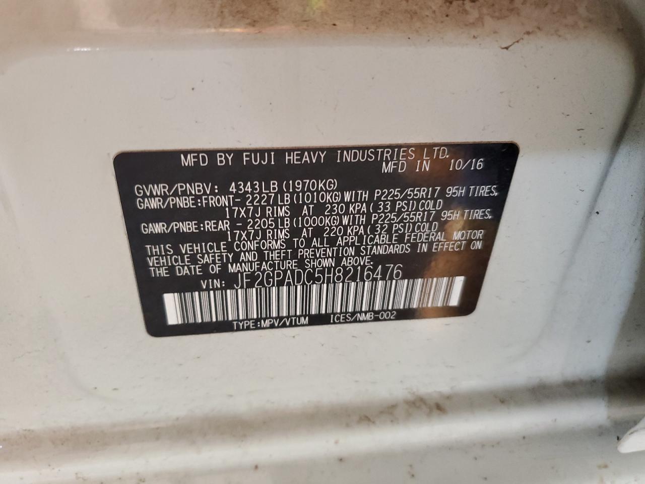 2017 Subaru Crosstrek Premium VIN: JF2GPADC5H8216476 Lot: 68009915