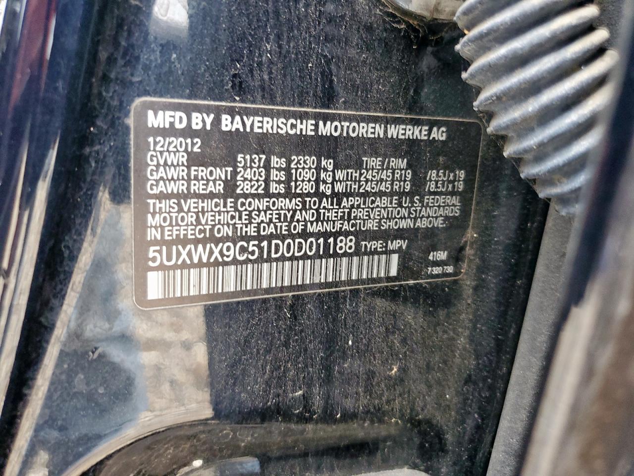 2013 BMW X3 xDrive28I VIN: 5UXWX9C51D0D01188 Lot: 69934405