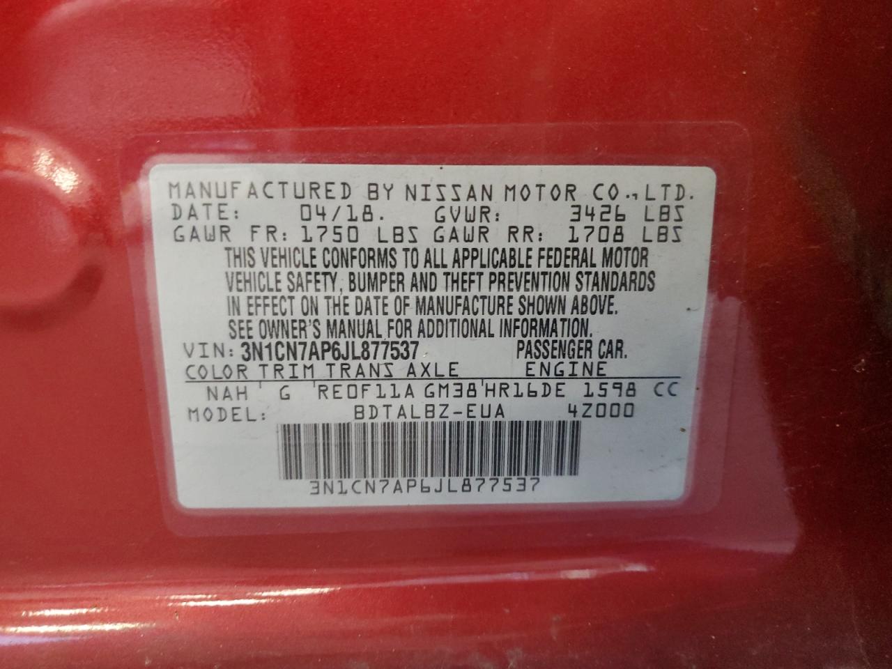 2018 Nissan Versa S VIN: 3N1CN7AP6JL877537 Lot: 70596785