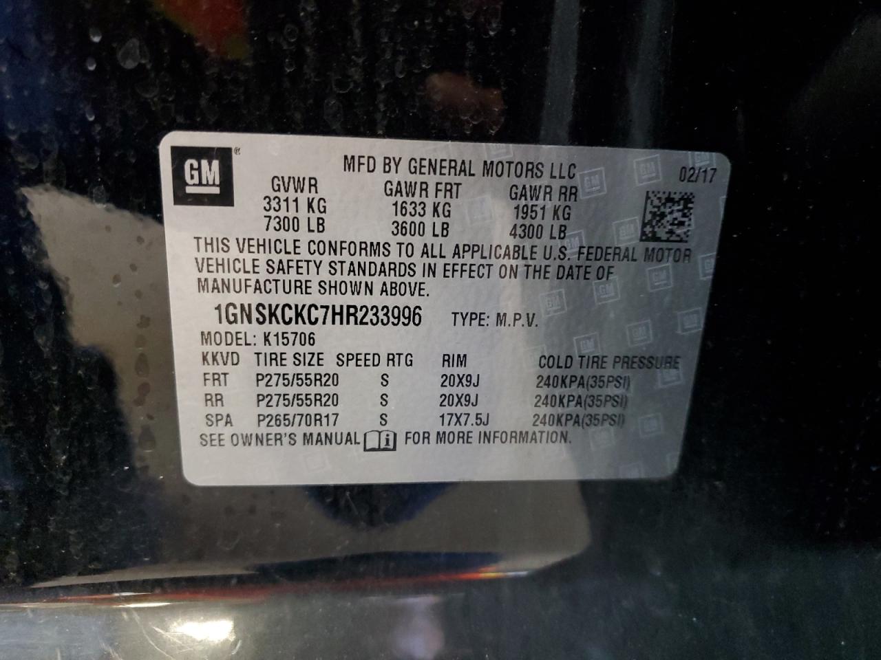 2017 Chevrolet Tahoe K1500 Premier VIN: 1GNSKCKC7HR233996 Lot: 69144595