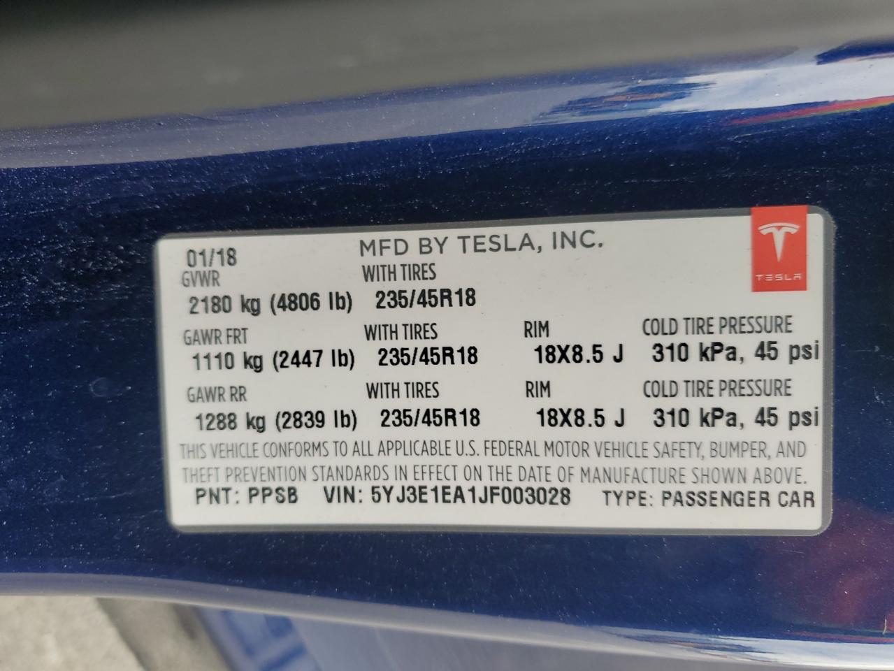 2018 Tesla Model 3 VIN: 5YJ3E1EA1JF003028 Lot: 70725325