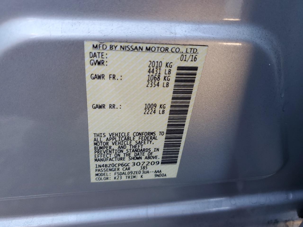 2016 Nissan Leaf Sv VIN: 1N4BZ0CP6GC307209 Lot: 86538485