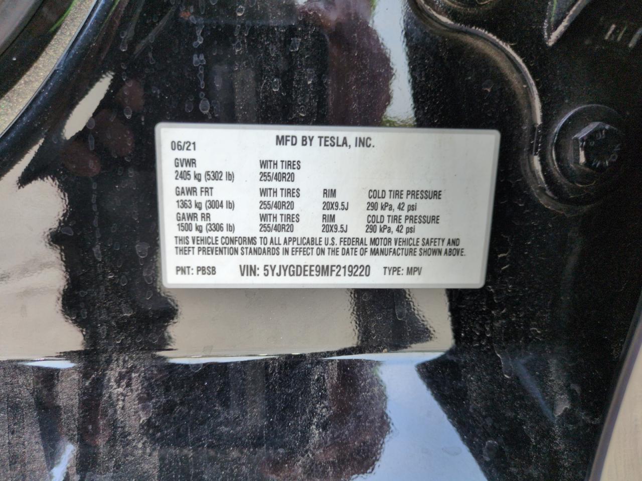 2021 Tesla Model Y VIN: 5YJYGDEE9MF219220 Lot: 67066035