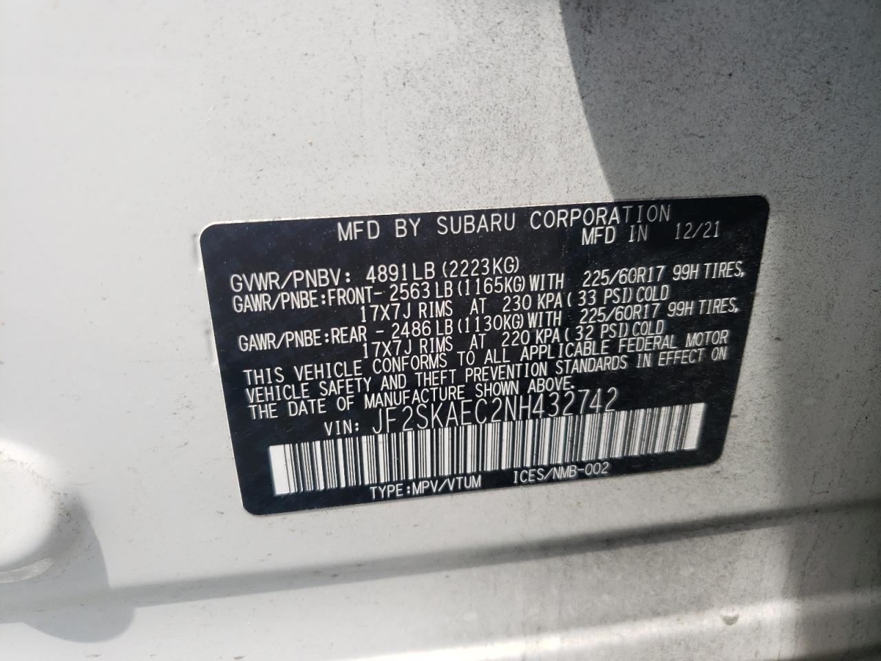 2022 Subaru Forester Premium VIN: JF2SKAEC2NH432742 Lot: 70861765