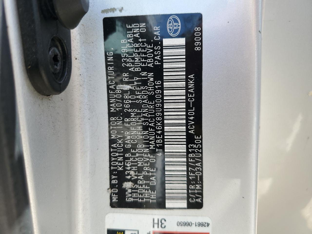 2009 Toyota Camry Base VIN: 4T1BE46K89U900916 Lot: 69739685