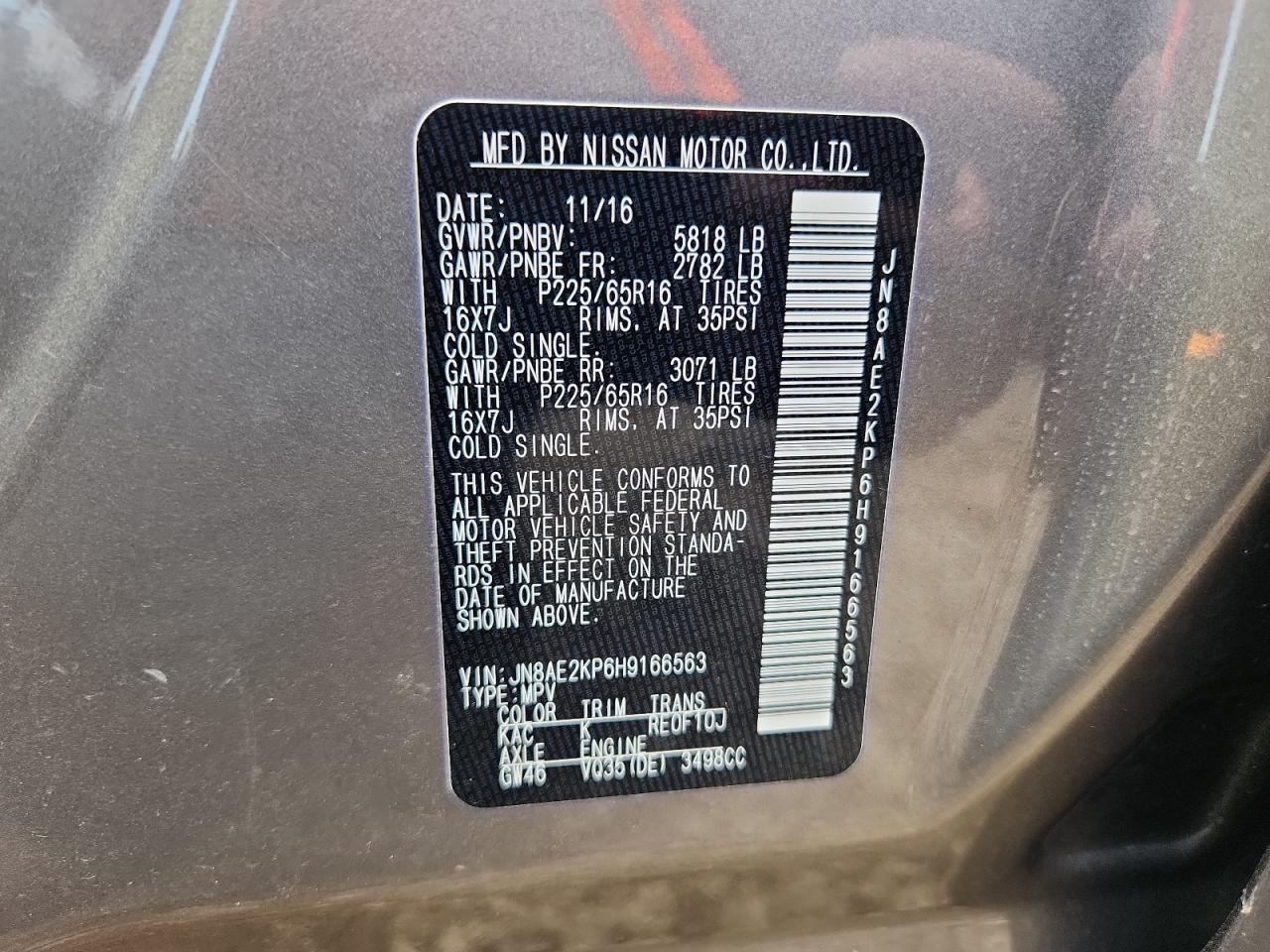 2017 Nissan Quest S VIN: JN8AE2KP6H9166563 Lot: 68869735