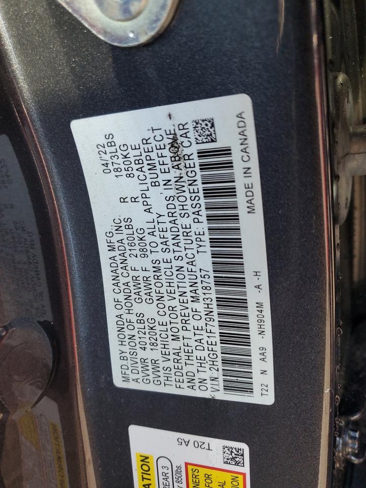 2022 Honda Civic Ex VIN: 2HGFE1F79NH318757 Lot: 70055525