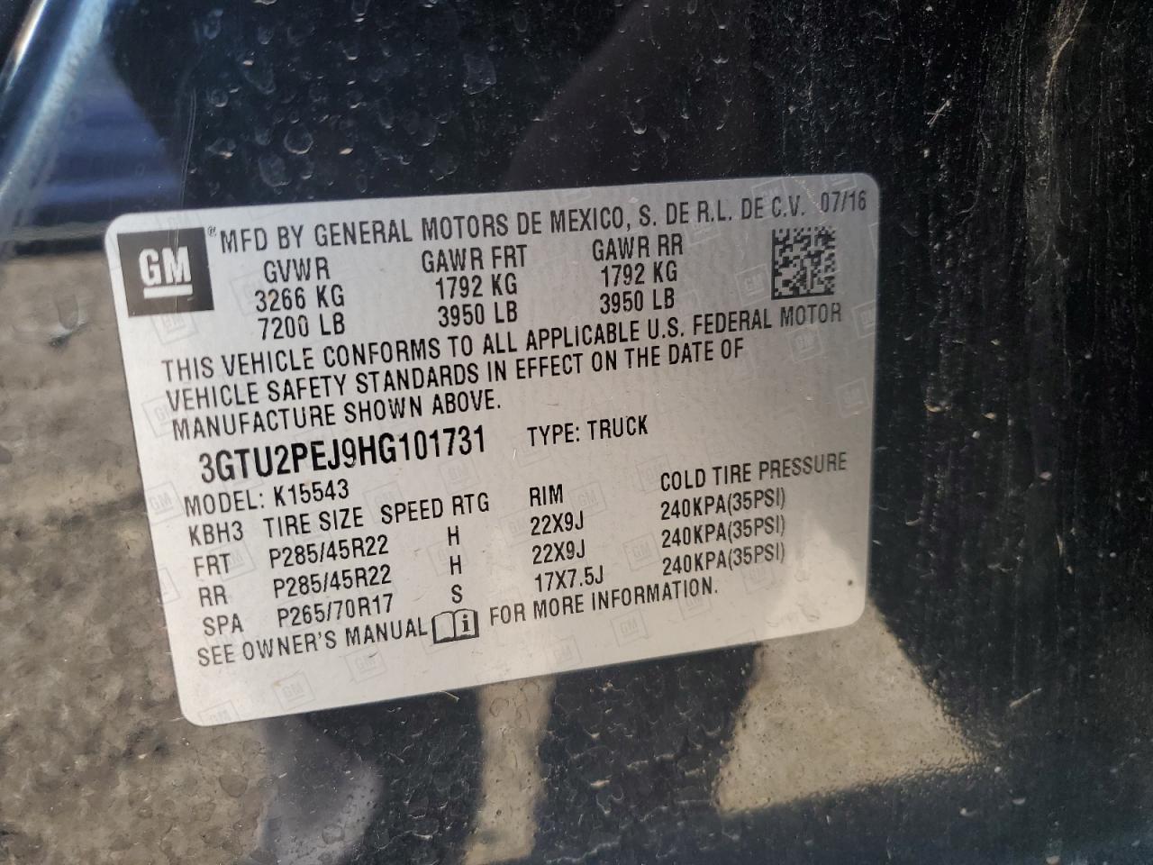 2017 GMC Sierra K1500 Denali VIN: 3GTU2PEJ9HG101731 Lot: 67216225