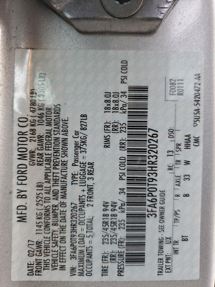 2017 Ford Fusion Se VIN: 3FA6P0T93HR320267 Lot: 70034865