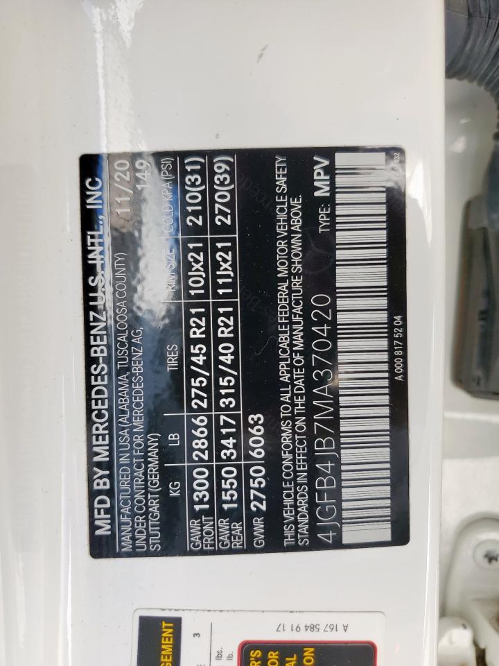 2021 Mercedes-Benz Gle 350 VIN: 4JGFB4JB7MA370420 Lot: 69061185