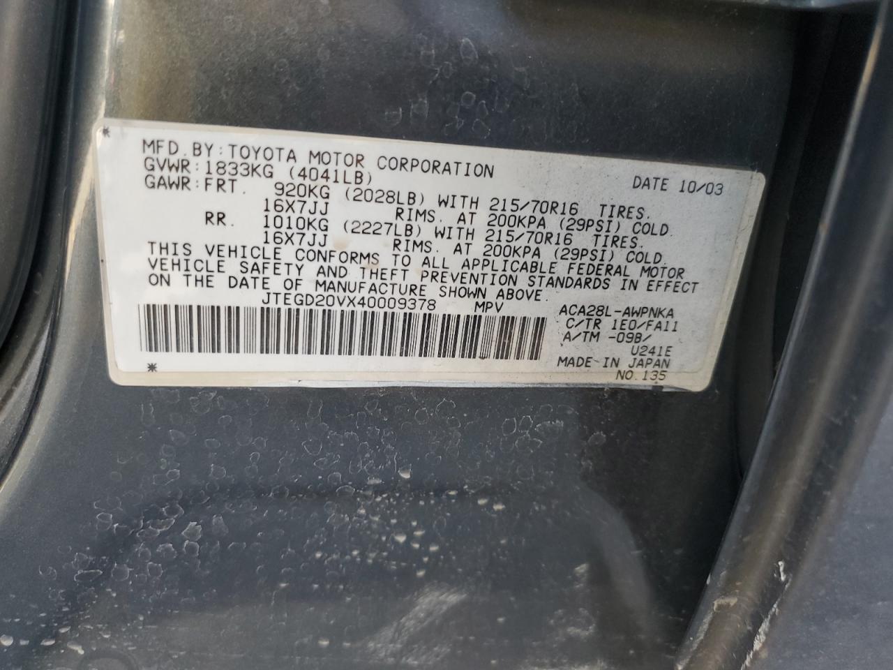 2004 Toyota Rav4 VIN: JTEGD20VX40009378 Lot: 68203095