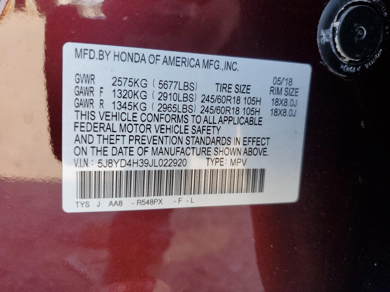 2018 Acura Mdx VIN: 5J8YD4H39JL022920 Lot: 68438175