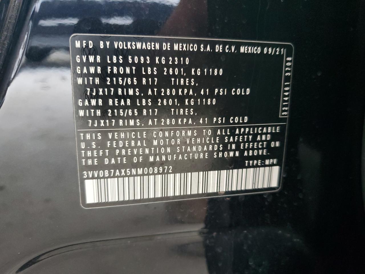 2022 Volkswagen Tiguan S VIN: 3VV0B7AX5NM008972 Lot: 70087655