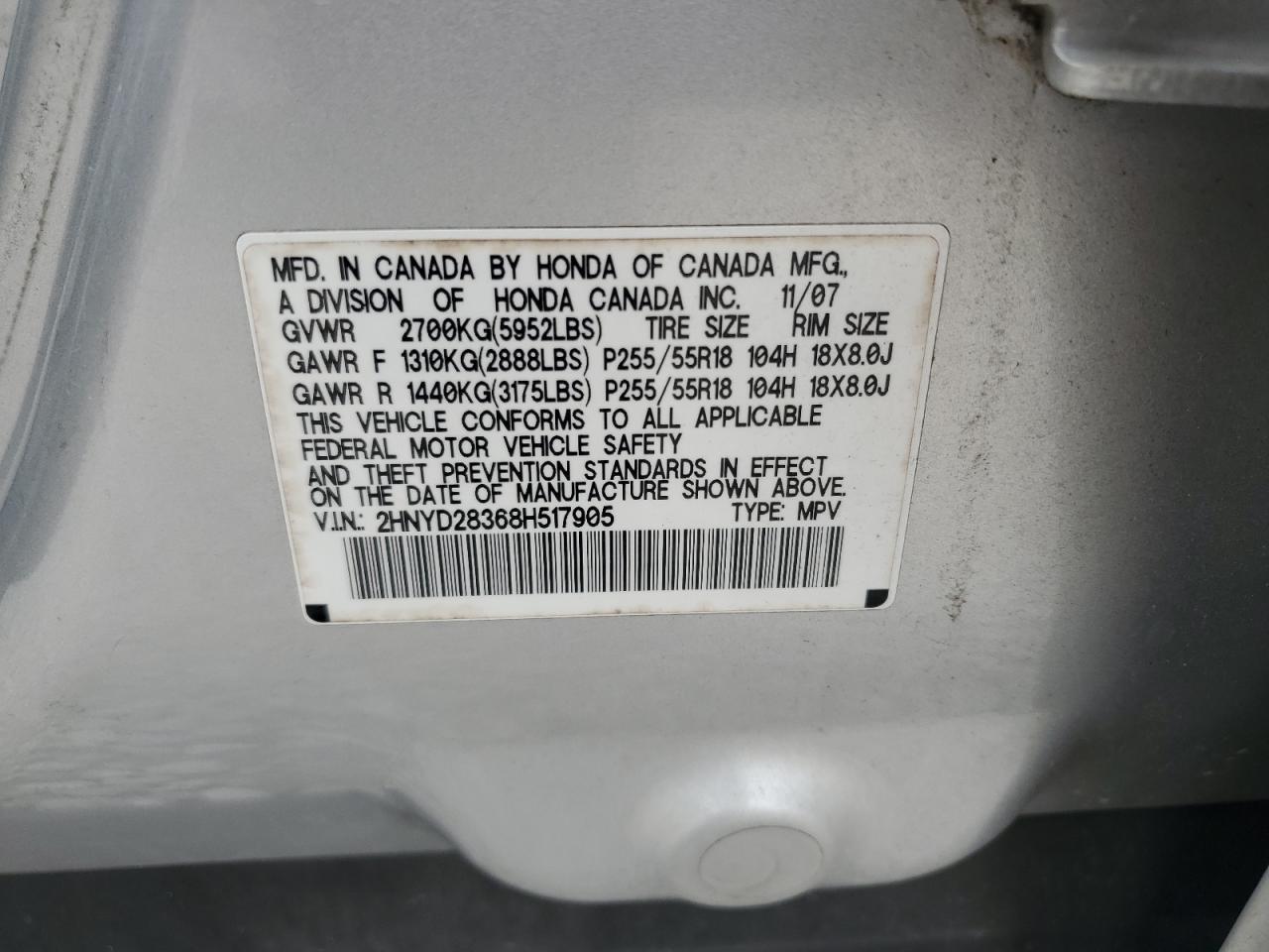 2008 Acura Mdx Technology VIN: 2HNYD28368H517905 Lot: 69244385