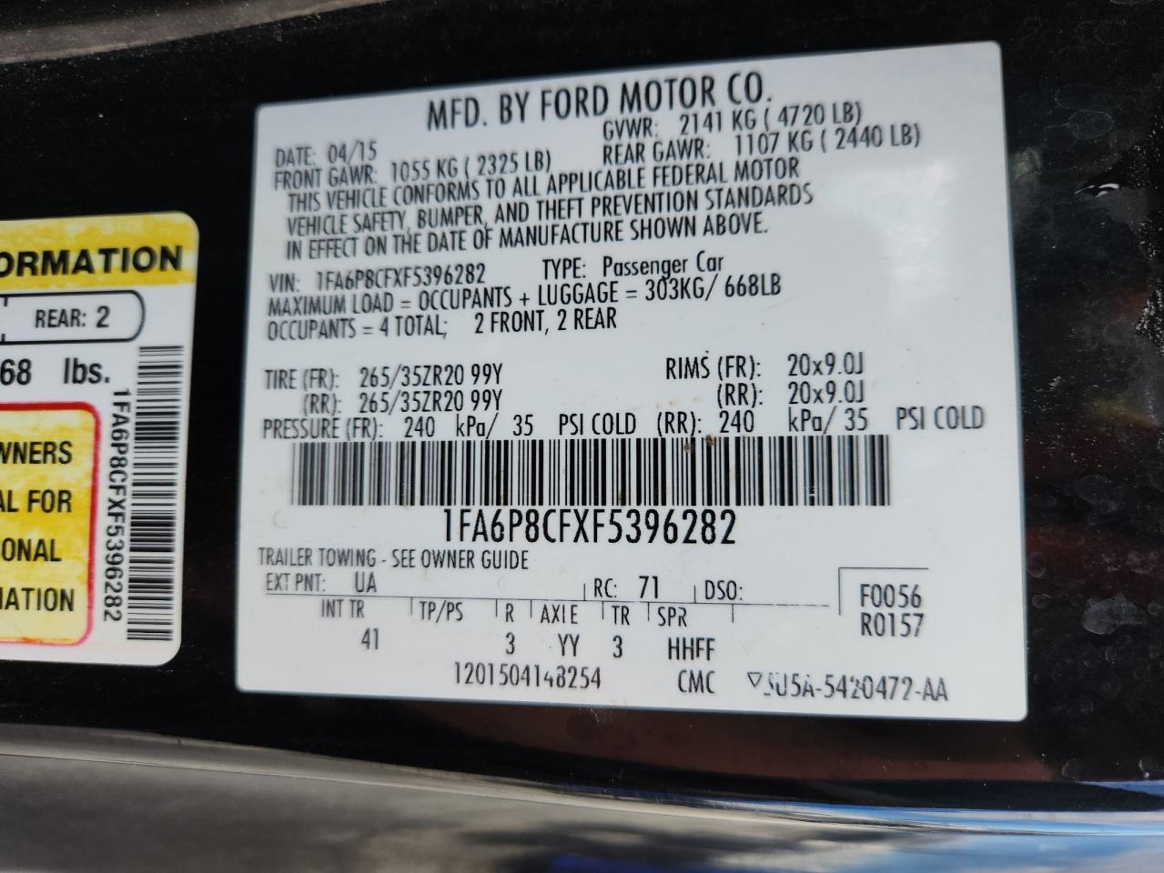 2015 Ford Mustang Gt VIN: 1FA6P8CFXF5396282 Lot: 70680595