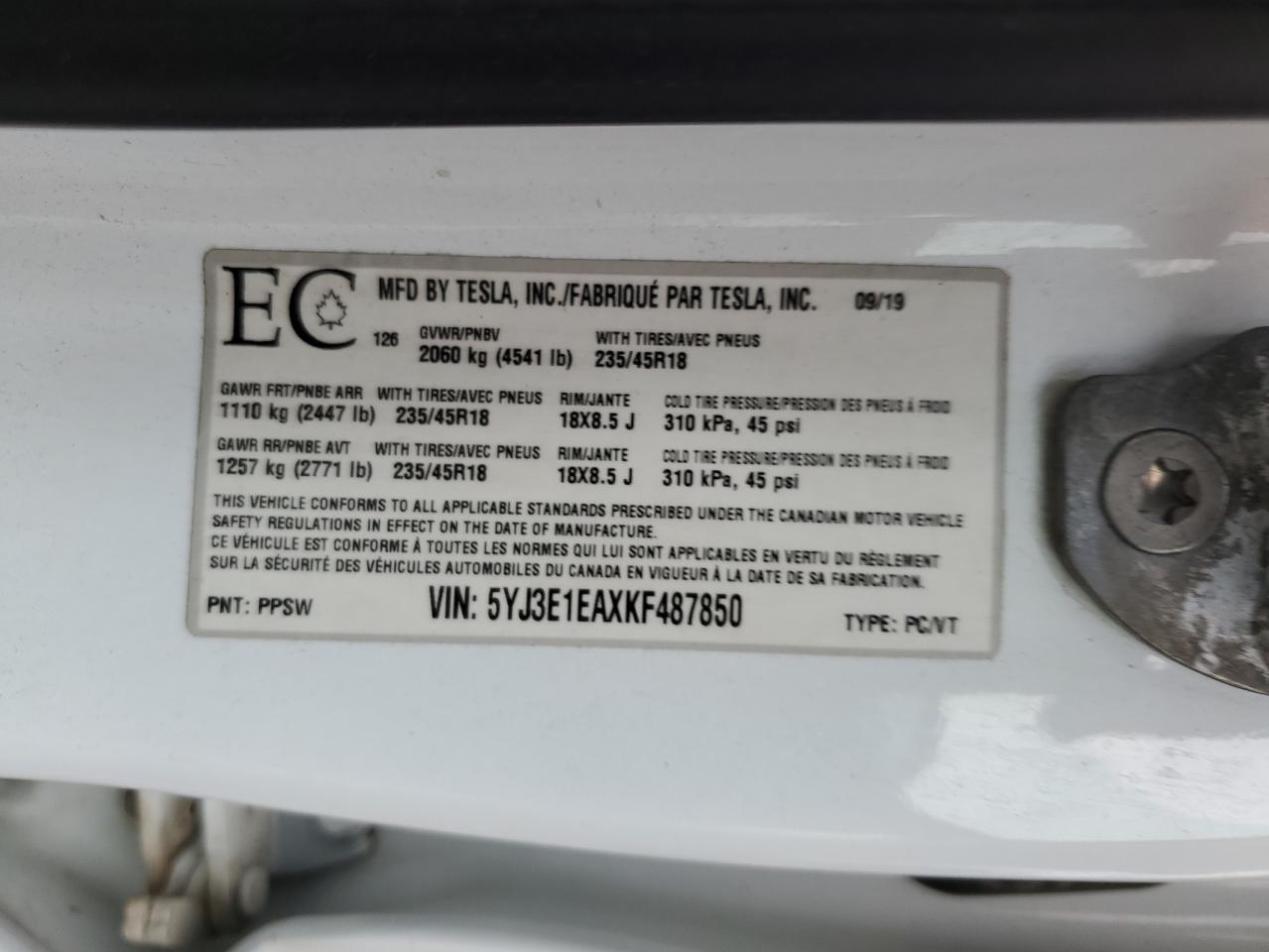 2019 Tesla Model 3 VIN: 5YJ3E1EAXKF487850 Lot: 67172225