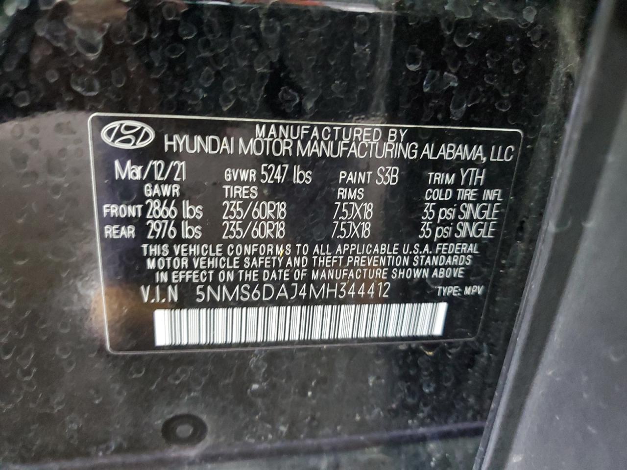 2021 Hyundai Santa Fe Sel VIN: 5NMS6DAJ4MH344412 Lot: 70001845