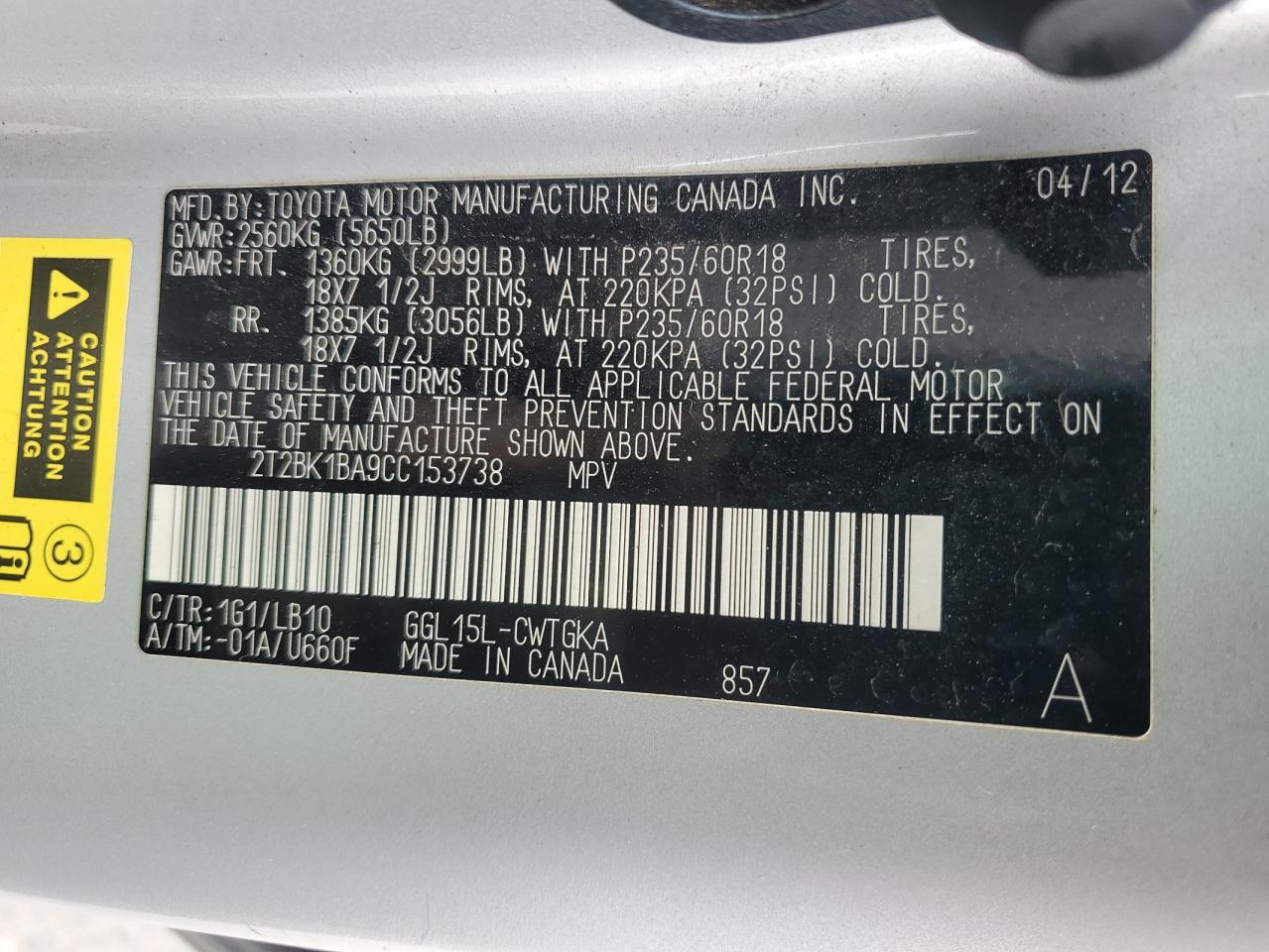 2012 Lexus Rx 350 VIN: 2T2BK1BA9CC153738 Lot: 67788155