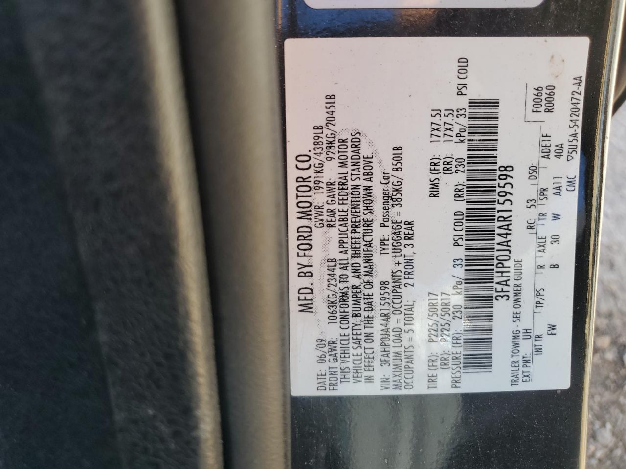 2010 Ford Fusion Sel VIN: 3FAHP0JA4AR159598 Lot: 70225865