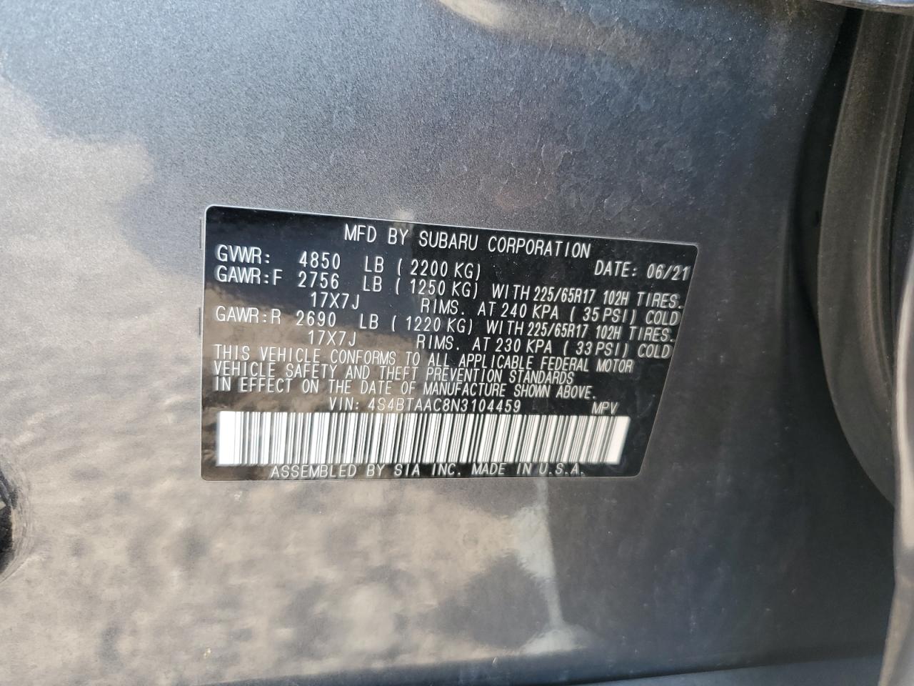 2022 Subaru Outback VIN: 4S4BTAAC8N3104459 Lot: 68838345