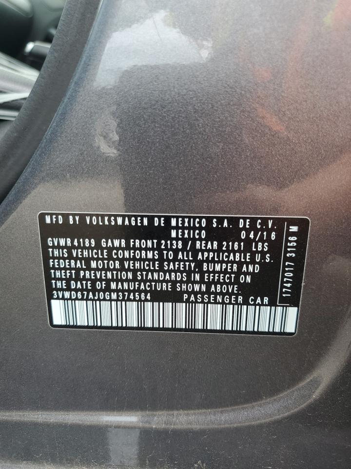 2016 Volkswagen Jetta Se VIN: 3VWD67AJ0GM374564 Lot: 68297105