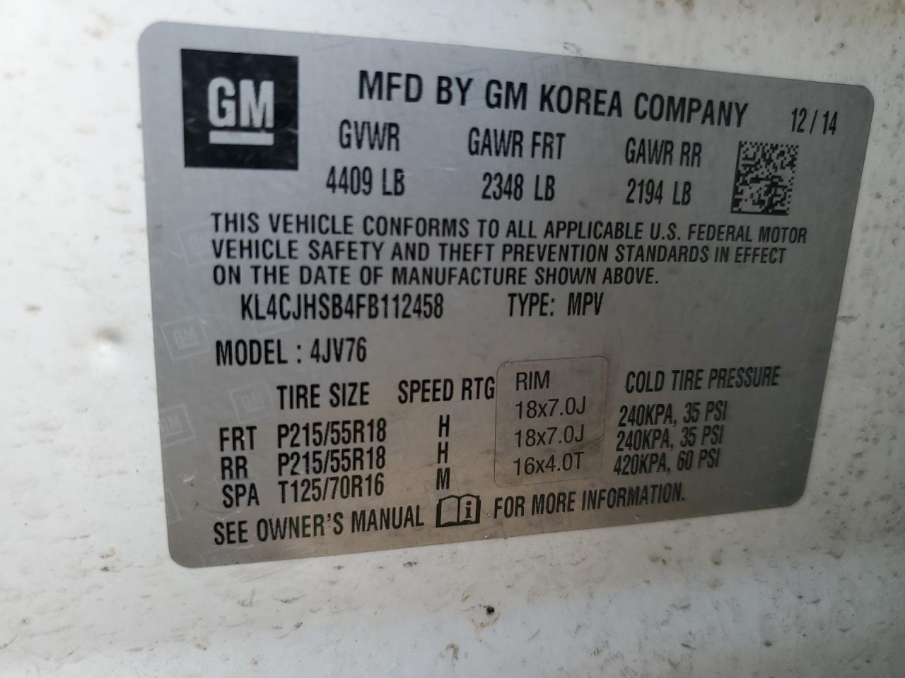 2015 Buick Encore Premium VIN: KL4CJHSB4FB112458 Lot: 70654095