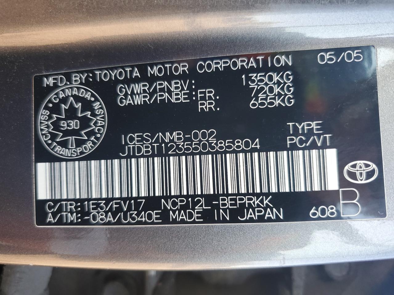 2005 Toyota Echo VIN: JTDBT123550385804 Lot: 69915975