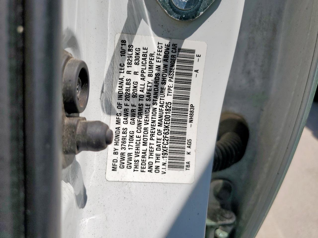 2019 Honda Civic Lx VIN: 19XFC2F63KE001825 Lot: 70861875