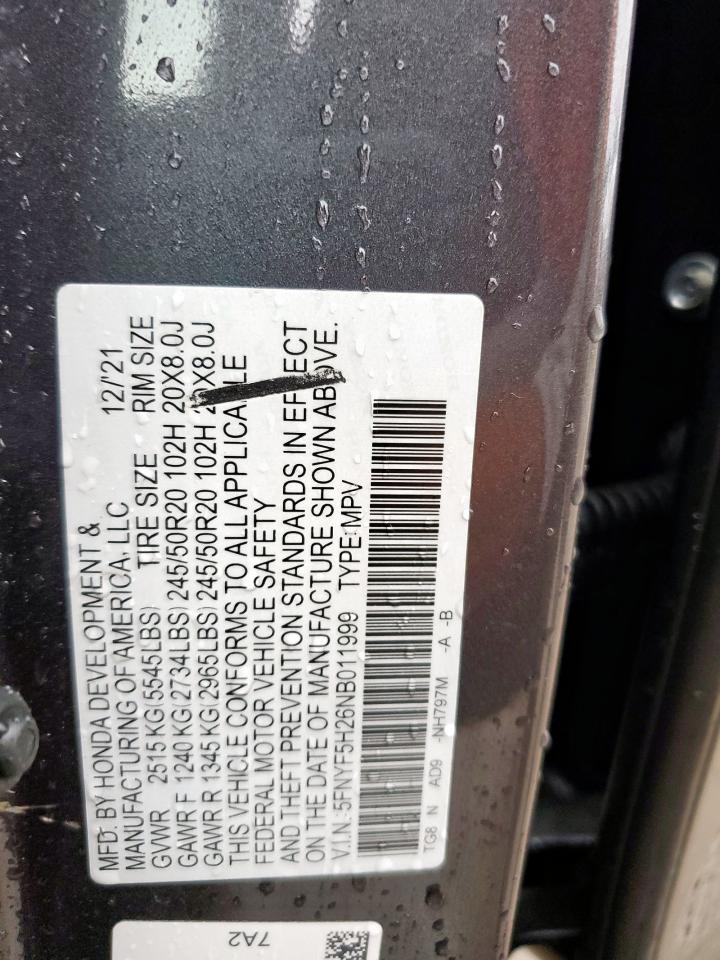2022 Honda Pilot Se VIN: 5FNYF5H26NB011999 Lot: 68348925