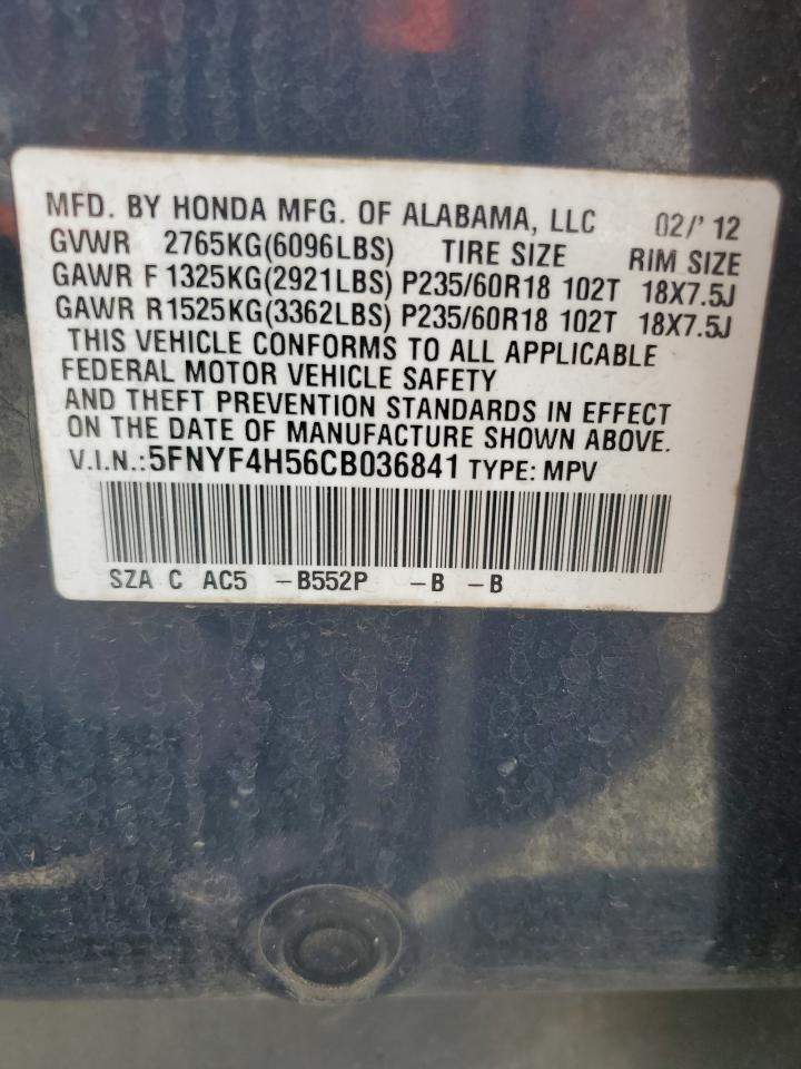 2012 Honda Pilot Exl VIN: 5FNYF4H56CB036841 Lot: 68703485